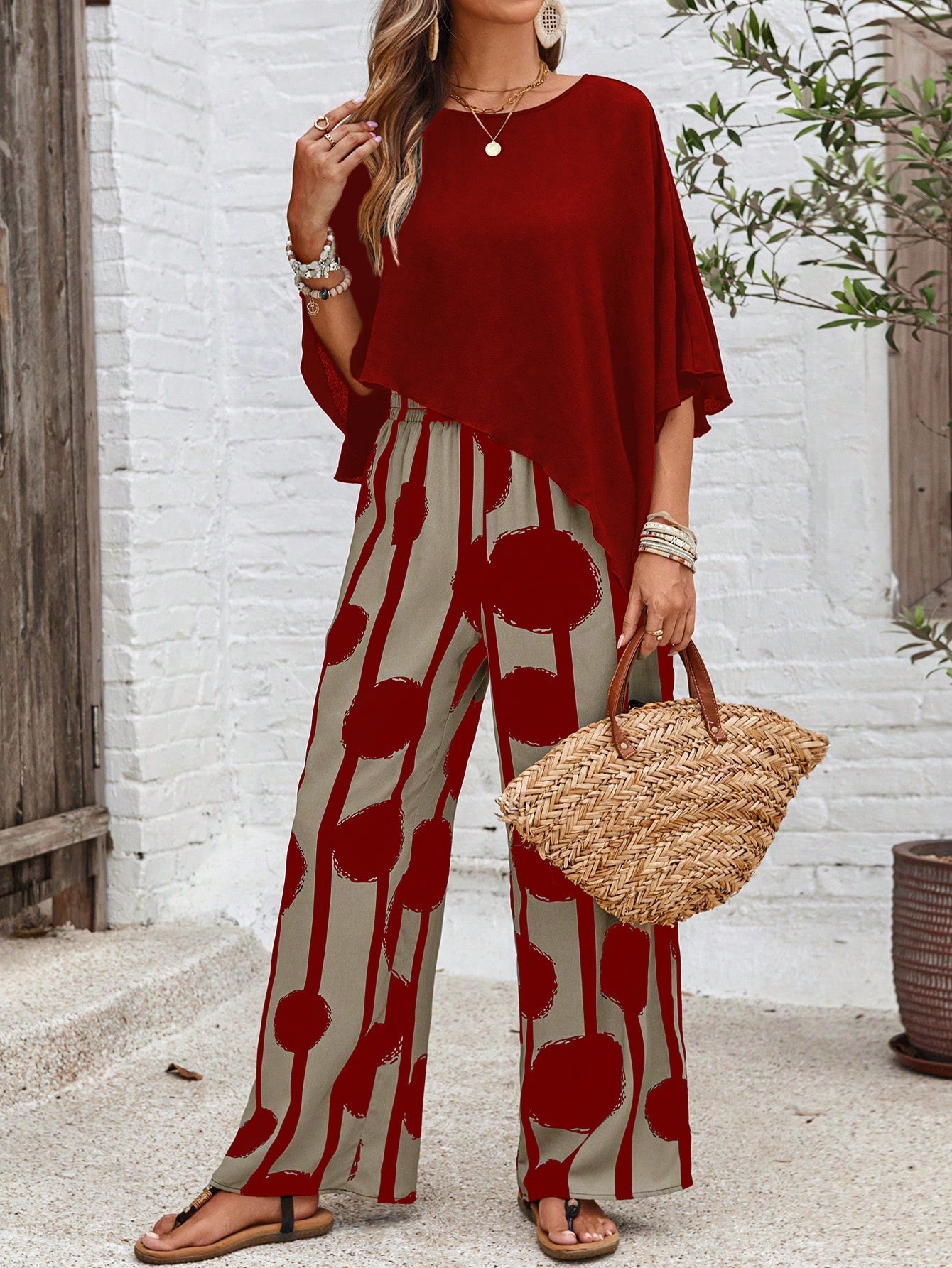 Rumi I Red Abstract Two-Piece Set with Wide-Leg Pants – Women's Elegant Outfit