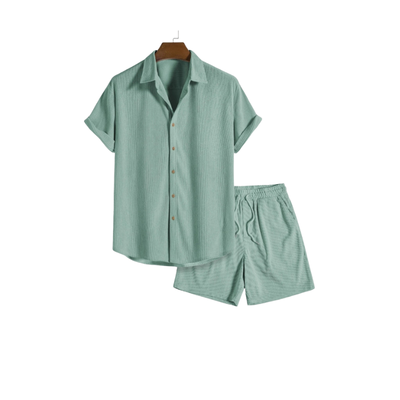 Men’s Short Sleeve Button Shirt and Shorts Set for Warm Season Use