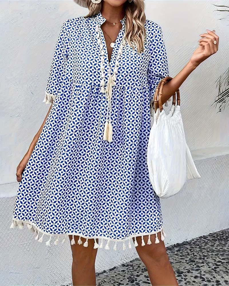 Women’s Summer Printed Mini Dress with Tassels