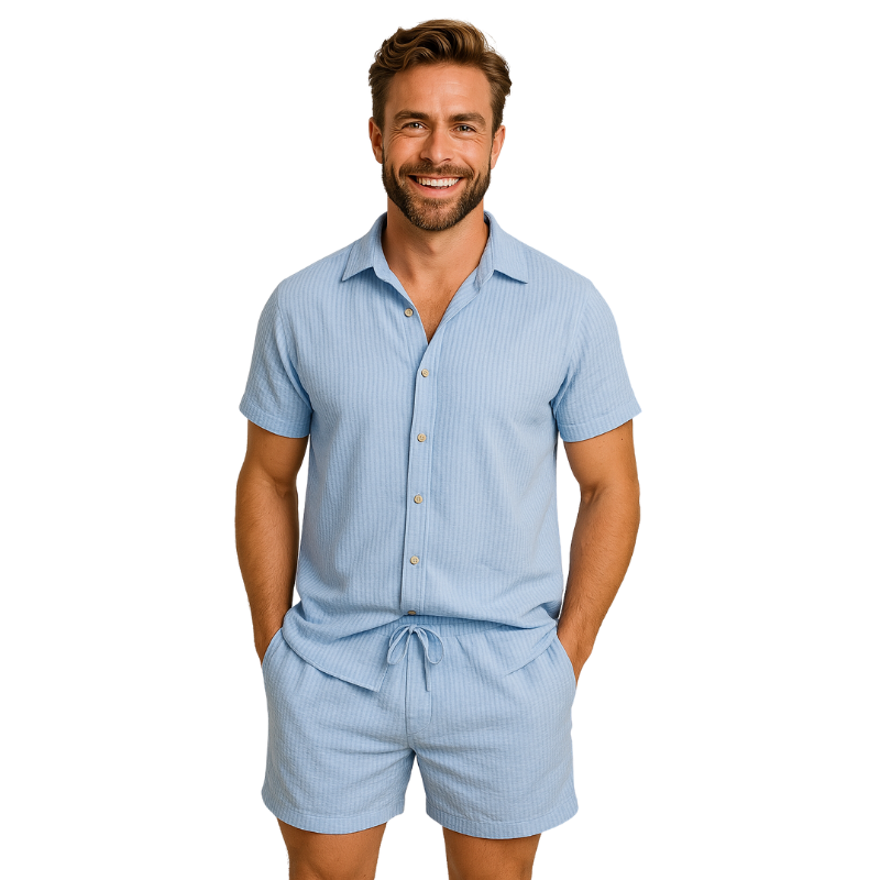 Men’s Short Sleeve Button Shirt and Shorts Set for Warm Season Use