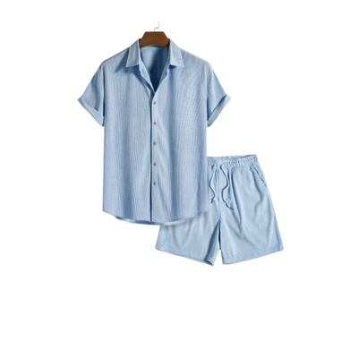 Men’s Short Sleeve Button Shirt and Shorts Set for Warm Season Use