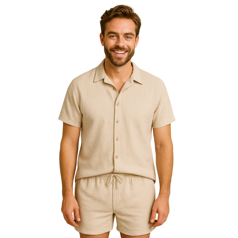 Men’s Short Sleeve Button Shirt and Shorts Set for Warm Season Use