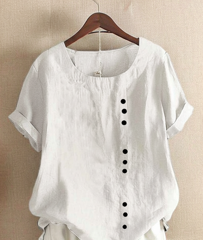 Solid Round-Neck Short-Sleeve Blouse for Women