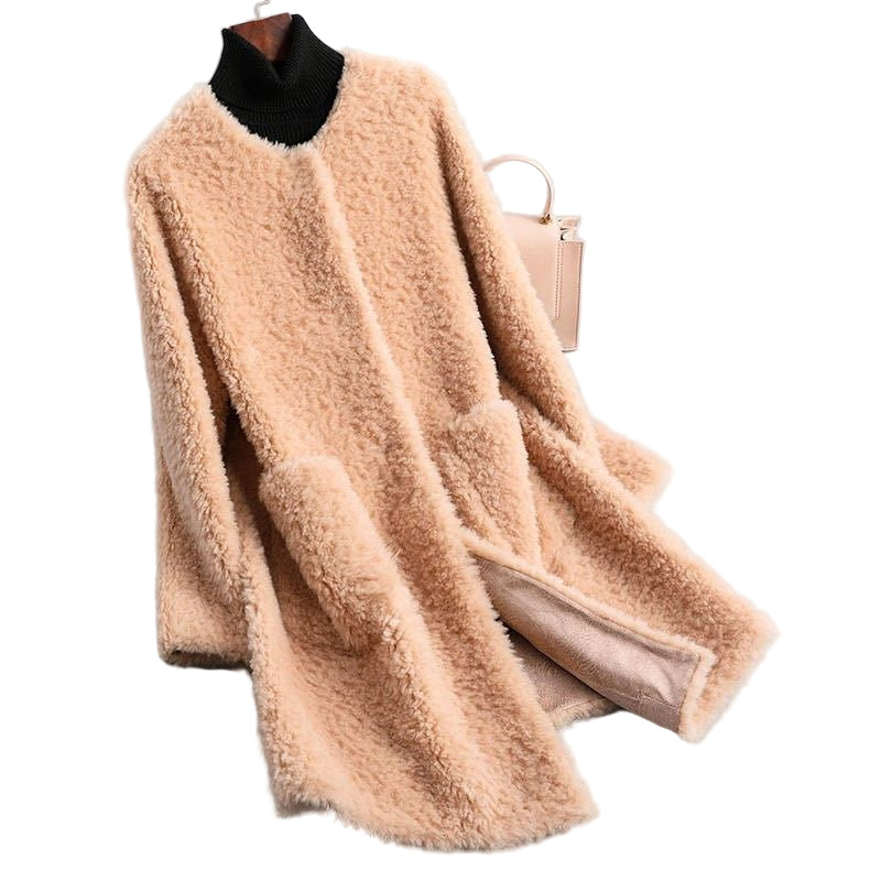 Women's Rounded Neck Teddy Shearling Coat with Pockets