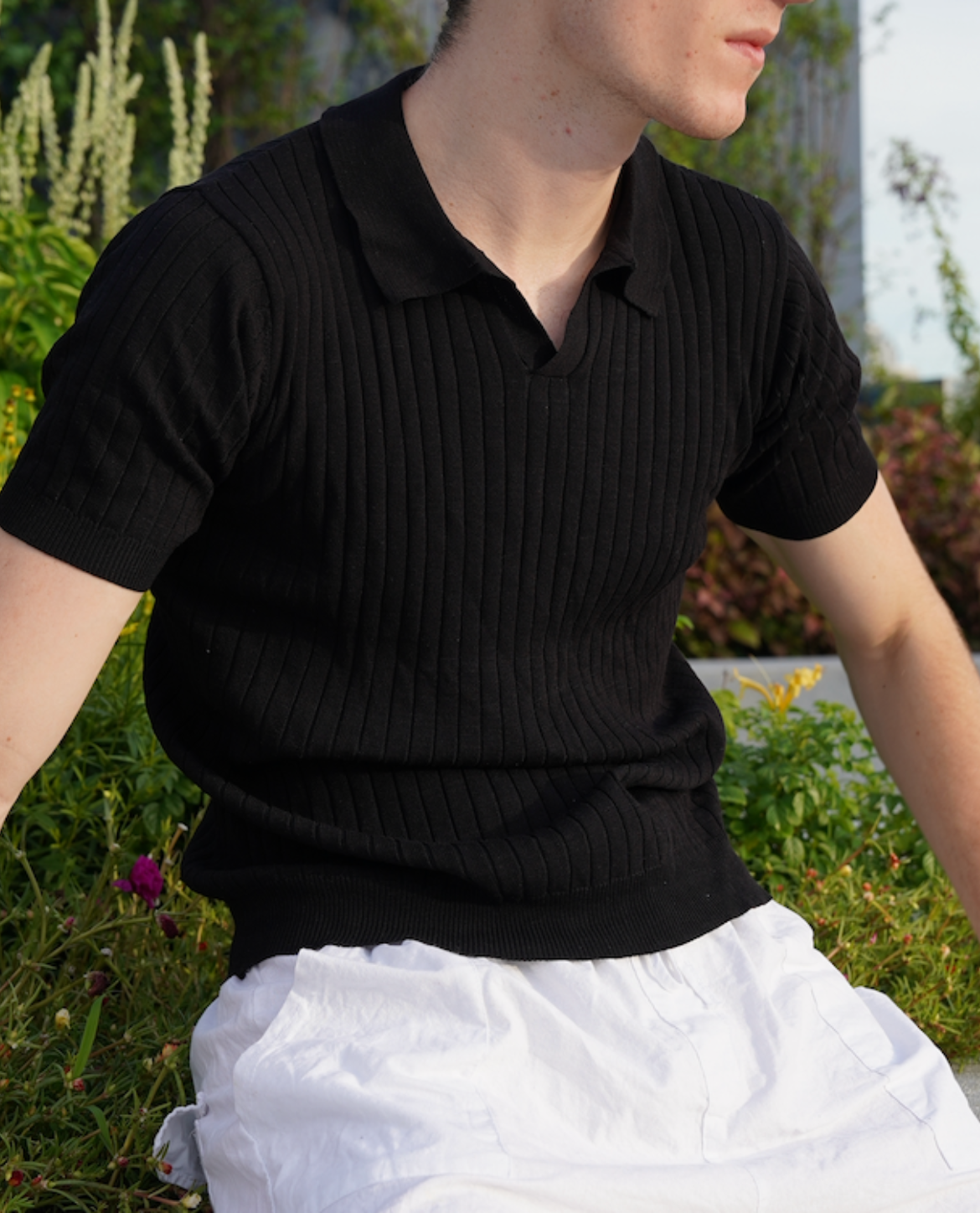 Men's Short Sleeve Knit Ribbed Collared Polo Shirt
