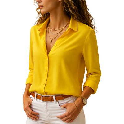 Women’s V-Neck Long Sleeve Blouse with Button Closure for Daily Use
