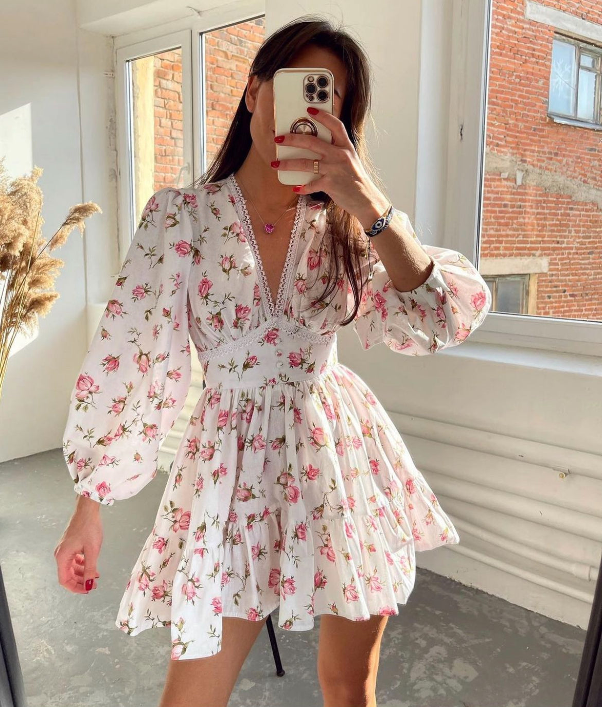 Women's V-Neck Floral Print Mini Dress with Long Puff Sleeve