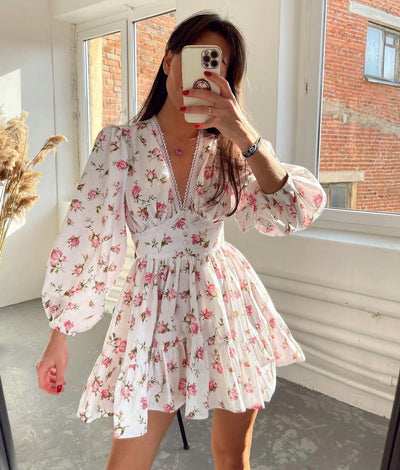 Women's V-Neck Floral Print Mini Dress with Long Puff Sleeve