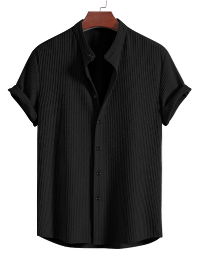 Men’s Ribbed Stand Collar Shirt Button Down Top