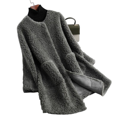 Women's Rounded Neck Teddy Shearling Coat with Pockets