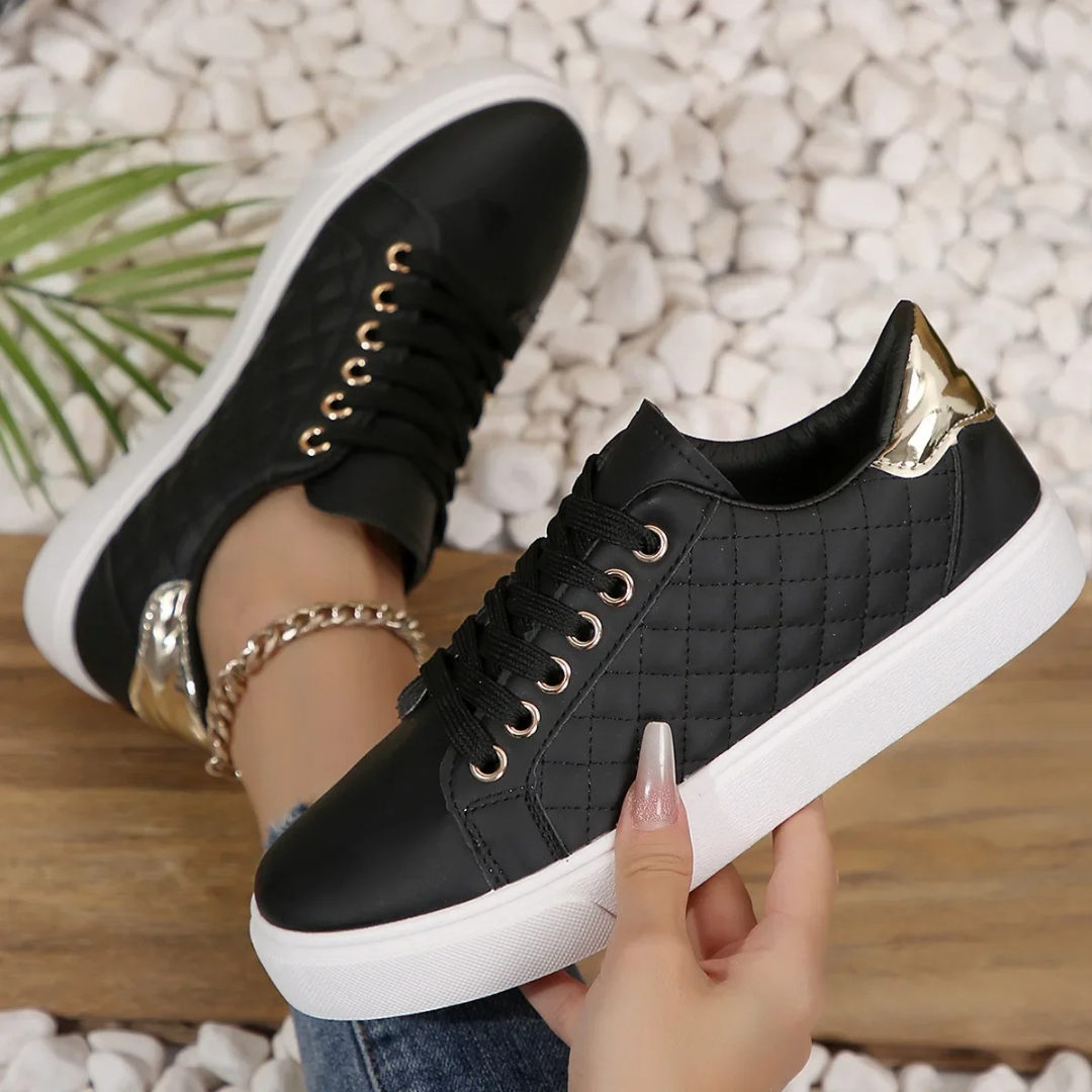 Women’s Quilted Lace-Up Sneakers with Flat Sole