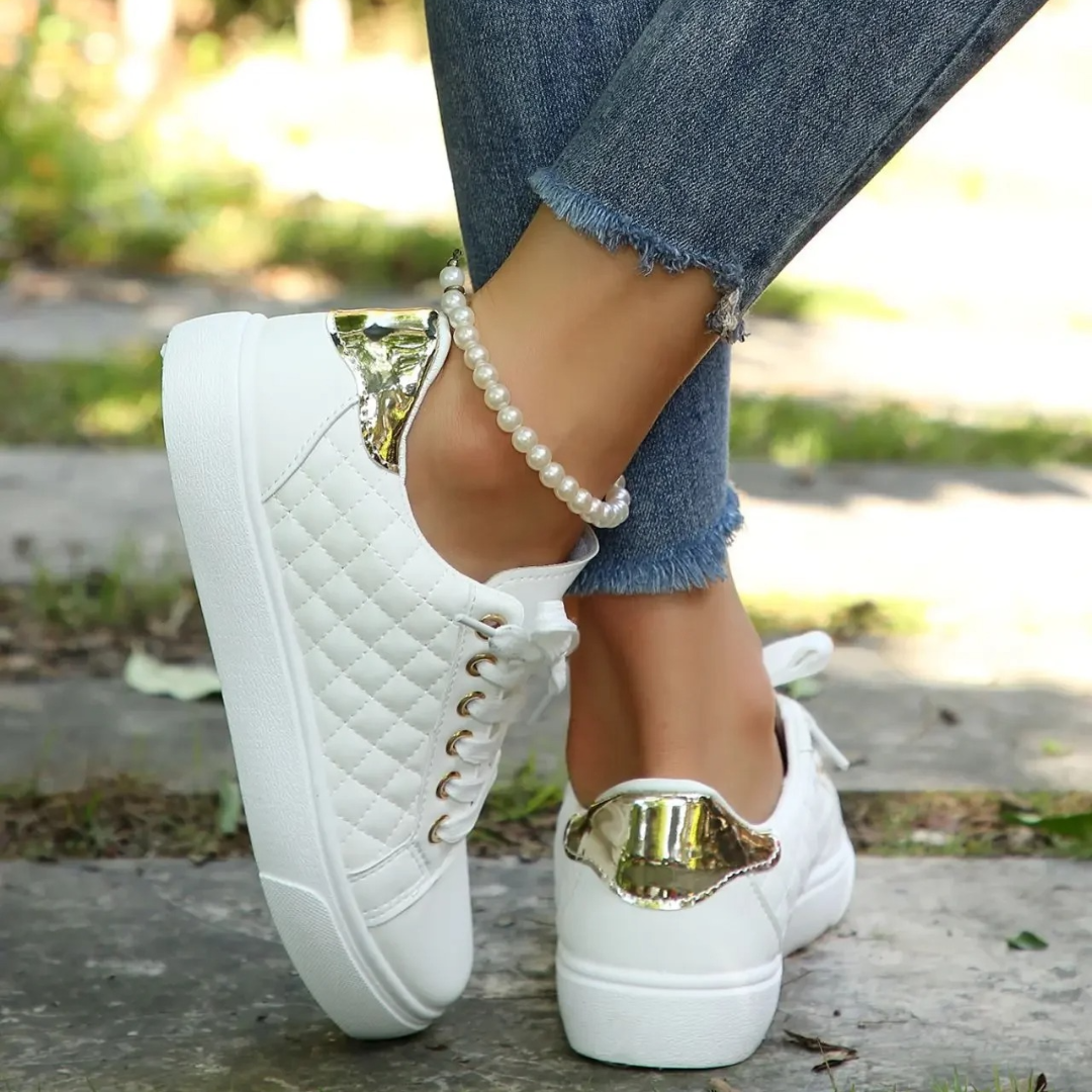 Women’s Quilted Lace-Up Sneakers with Flat Sole