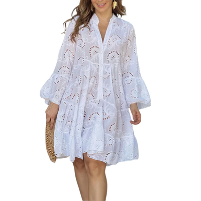 Women’s Lace Shirt Mini Dress with V-Neck and Long Sleeves for Summer Use