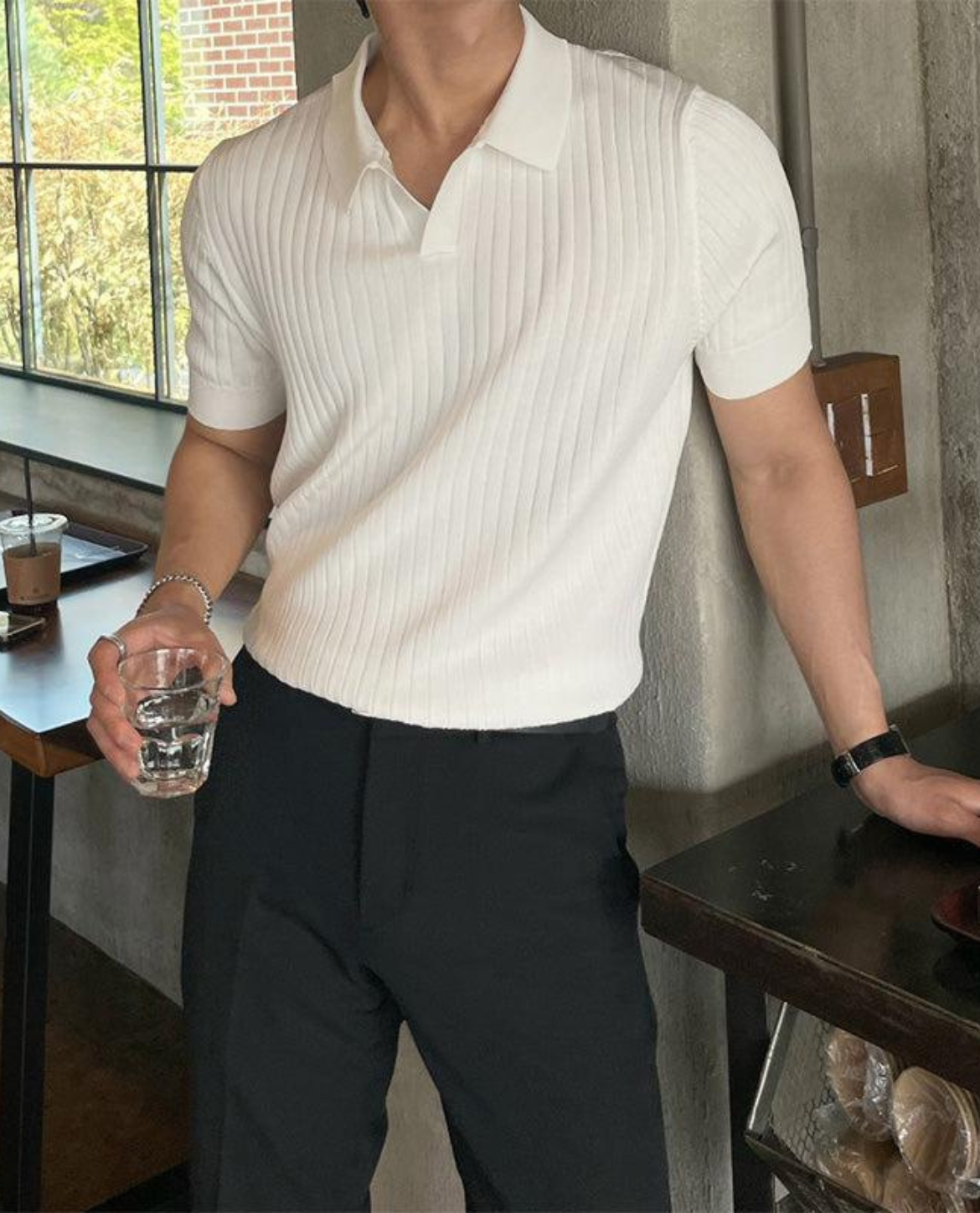 Men's Short Sleeve Knit Ribbed Collared Polo Shirt