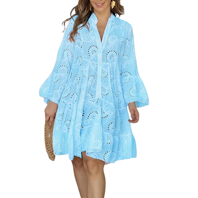 Women’s Lace Shirt Mini Dress with V-Neck and Long Sleeves for Summer Use