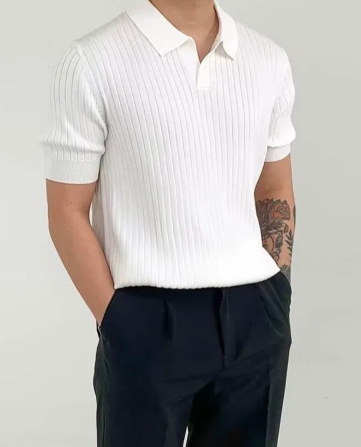 Men's Short Sleeve Knit Ribbed Collared Polo Shirt