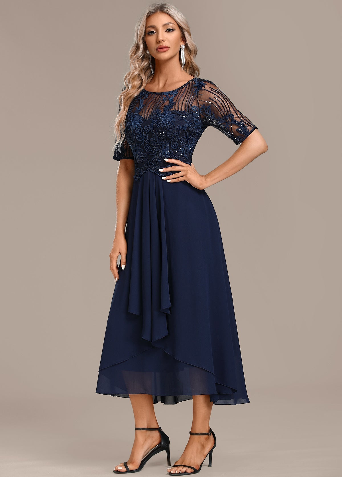 Women's Chiffon Short Sleeve Lace Bodice Midi Dress