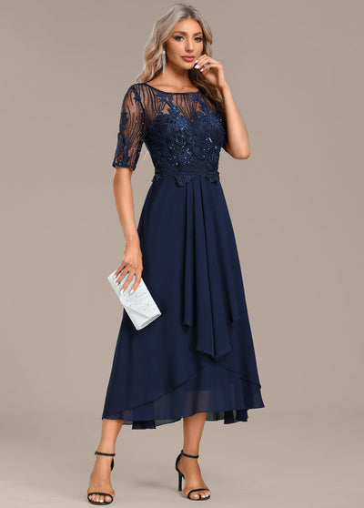 Women's Chiffon Short Sleeve Lace Bodice Midi Dress