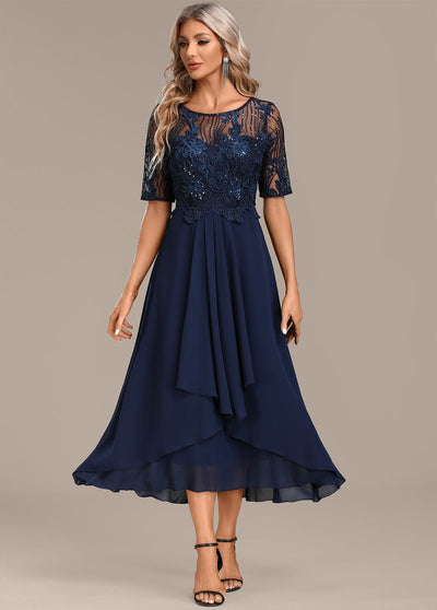 Women's Chiffon Short Sleeve Lace Bodice Midi Dress