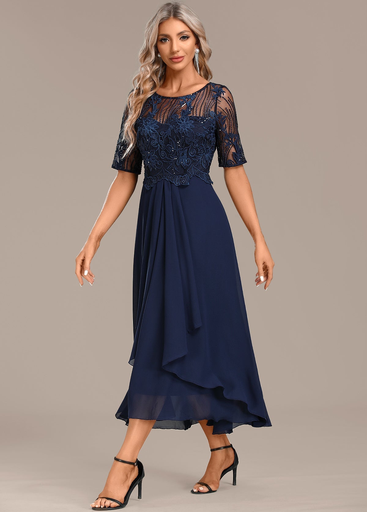 Women's Chiffon Short Sleeve Lace Bodice Midi Dress