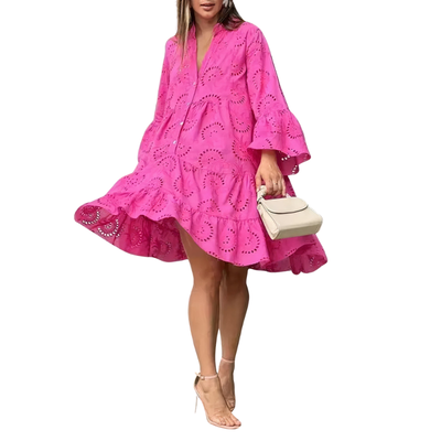 Women’s Lace Shirt Mini Dress with V-Neck and Long Sleeves for Summer Use