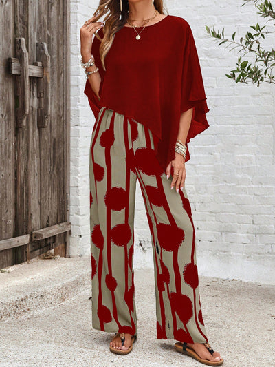 Rumi I Red Abstract Two-Piece Set with Wide-Leg Pants – Women's Elegant Outfit