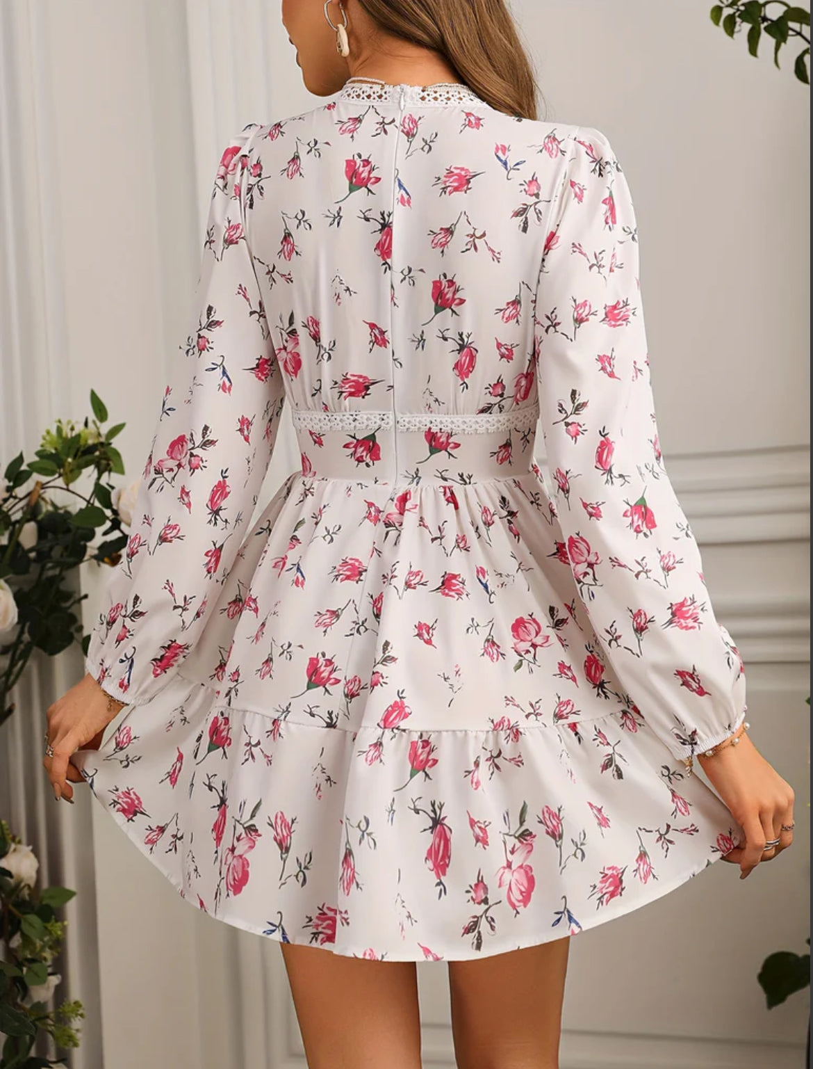 Women's V-Neck Floral Print Mini Dress with Long Puff Sleeve