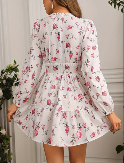 Women's V-Neck Floral Print Mini Dress with Long Puff Sleeve