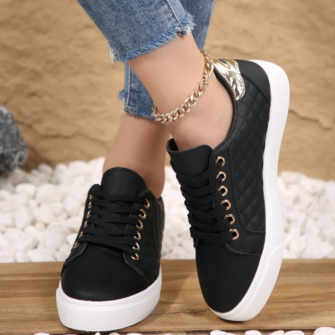 Women’s Quilted Lace-Up Sneakers with Flat Sole