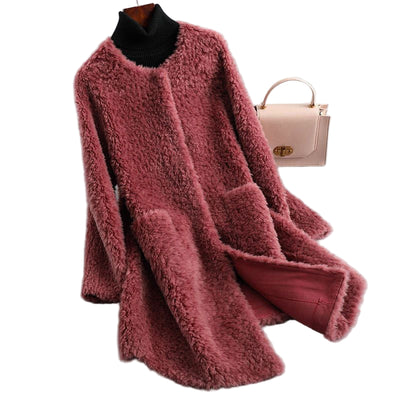 Women's Rounded Neck Teddy Shearling Coat with Pockets