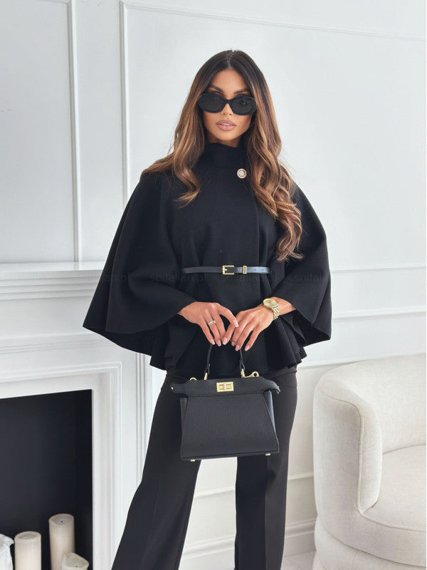 Women's Batwing Sleeves High Collar Cape Coat with Belt