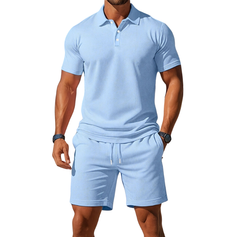 Men’s Short Sleeve Polo and Shorts Set with Drawstring Waist for Summer