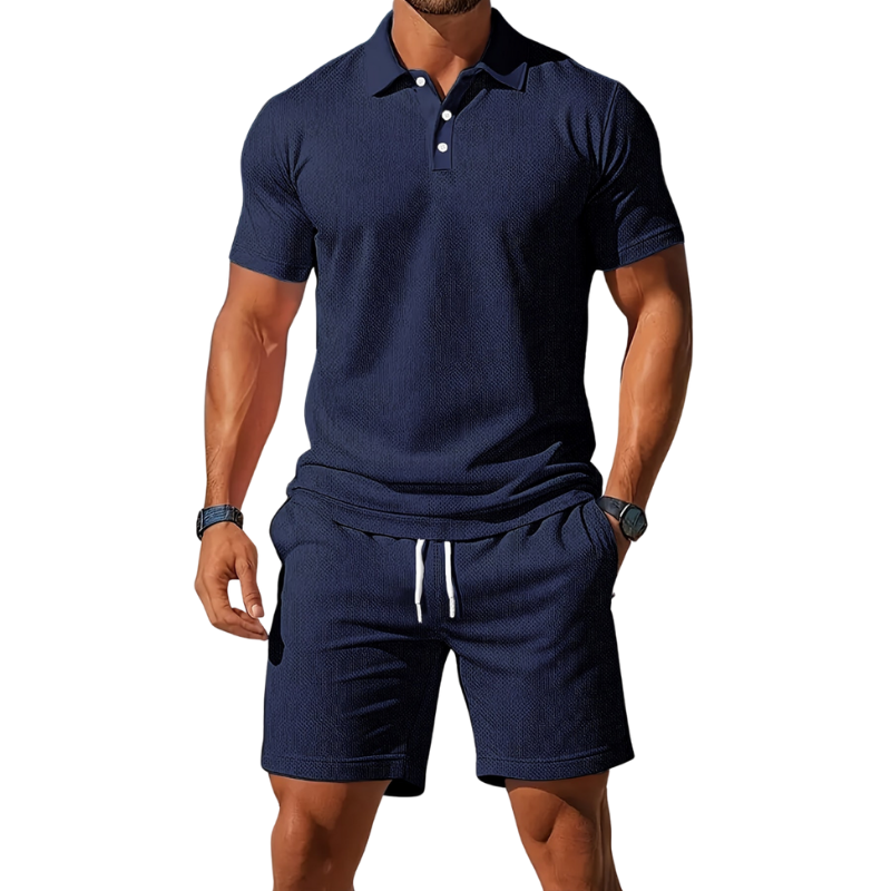 Men’s Short Sleeve Polo and Shorts Set with Drawstring Waist for Summer