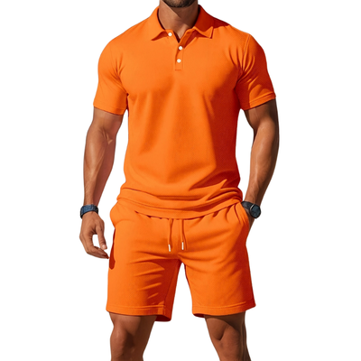 Men’s Short Sleeve Polo and Shorts Set with Drawstring Waist for Summer