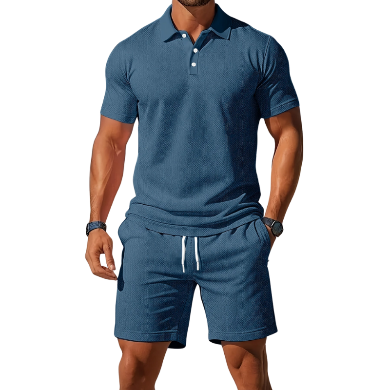Men’s Short Sleeve Polo and Shorts Set with Drawstring Waist for Summer