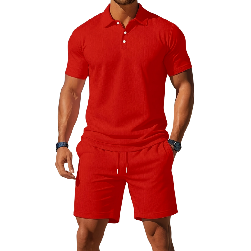 Men’s Short Sleeve Polo and Shorts Set with Drawstring Waist for Summer
