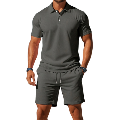 Men’s Short Sleeve Polo and Shorts Set with Drawstring Waist for Summer