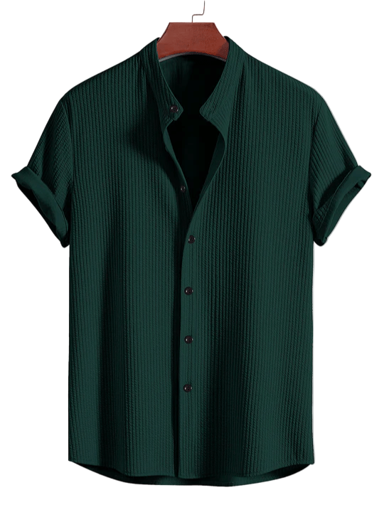Men’s Ribbed Stand Collar Shirt Button Down Top