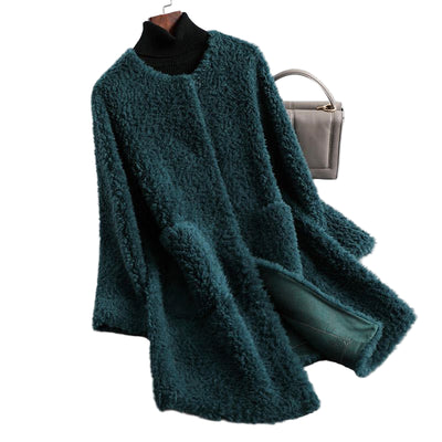 Women's Rounded Neck Teddy Shearling Coat with Pockets