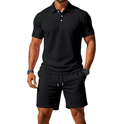 Men’s Short Sleeve Polo and Shorts Set with Drawstring Waist for Summer