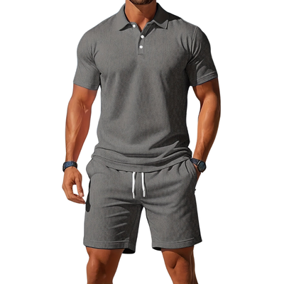 Men’s Short Sleeve Polo and Shorts Set with Drawstring Waist for Summer