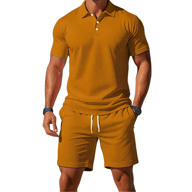 Men’s Short Sleeve Polo and Shorts Set with Drawstring Waist for Summer