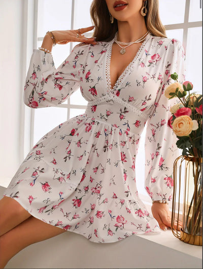 Women's V-Neck Floral Print Mini Dress with Long Puff Sleeve