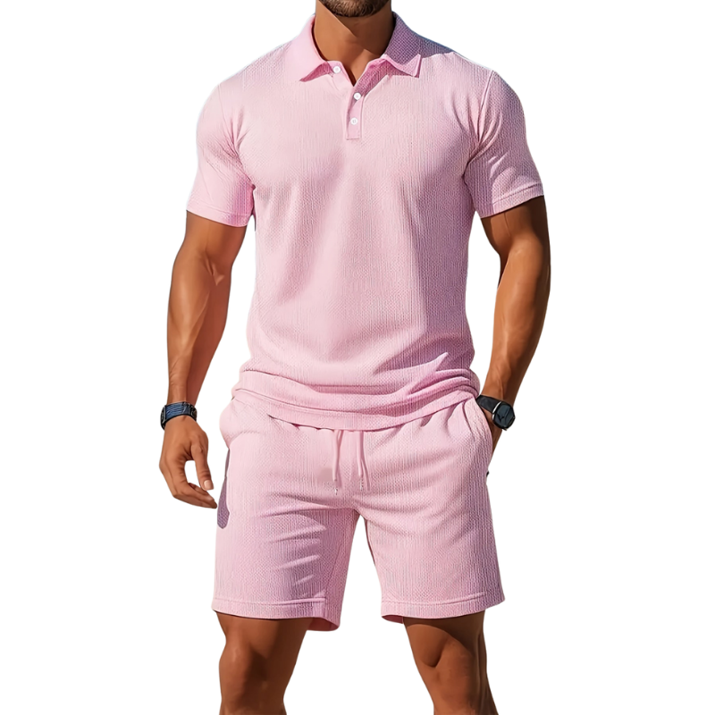 Men’s Short Sleeve Polo and Shorts Set with Drawstring Waist for Summer