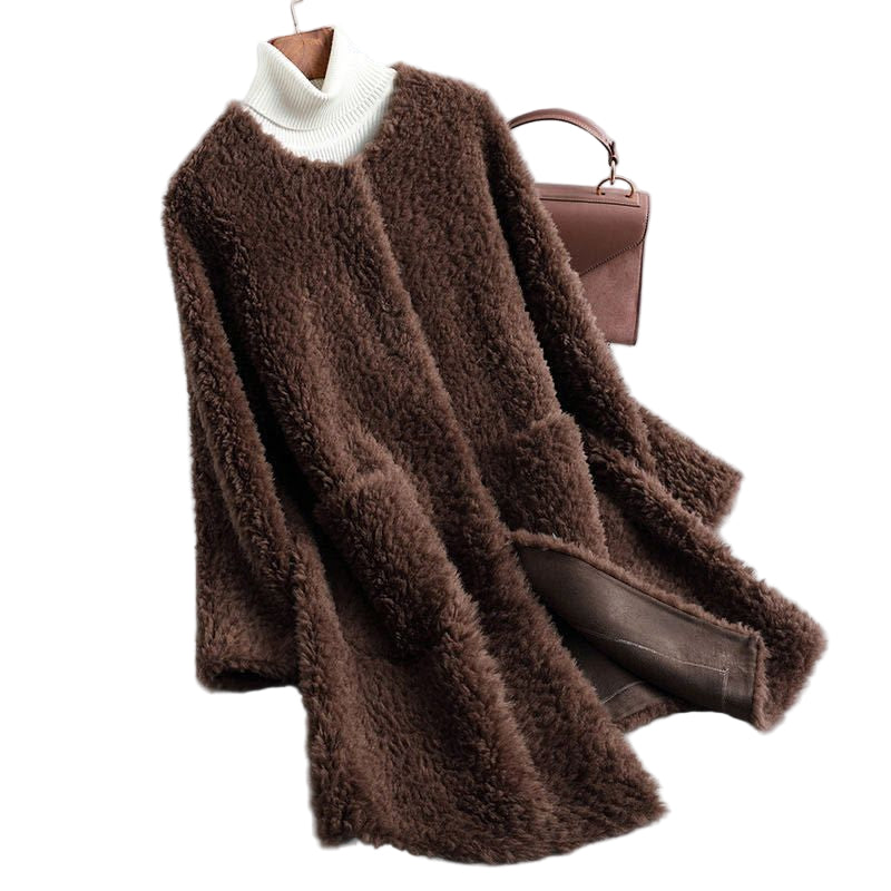 Women's Rounded Neck Teddy Shearling Coat with Pockets