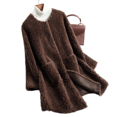 Women's Rounded Neck Teddy Shearling Coat with Pockets