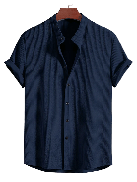 Men’s Ribbed Stand Collar Shirt Button Down Top