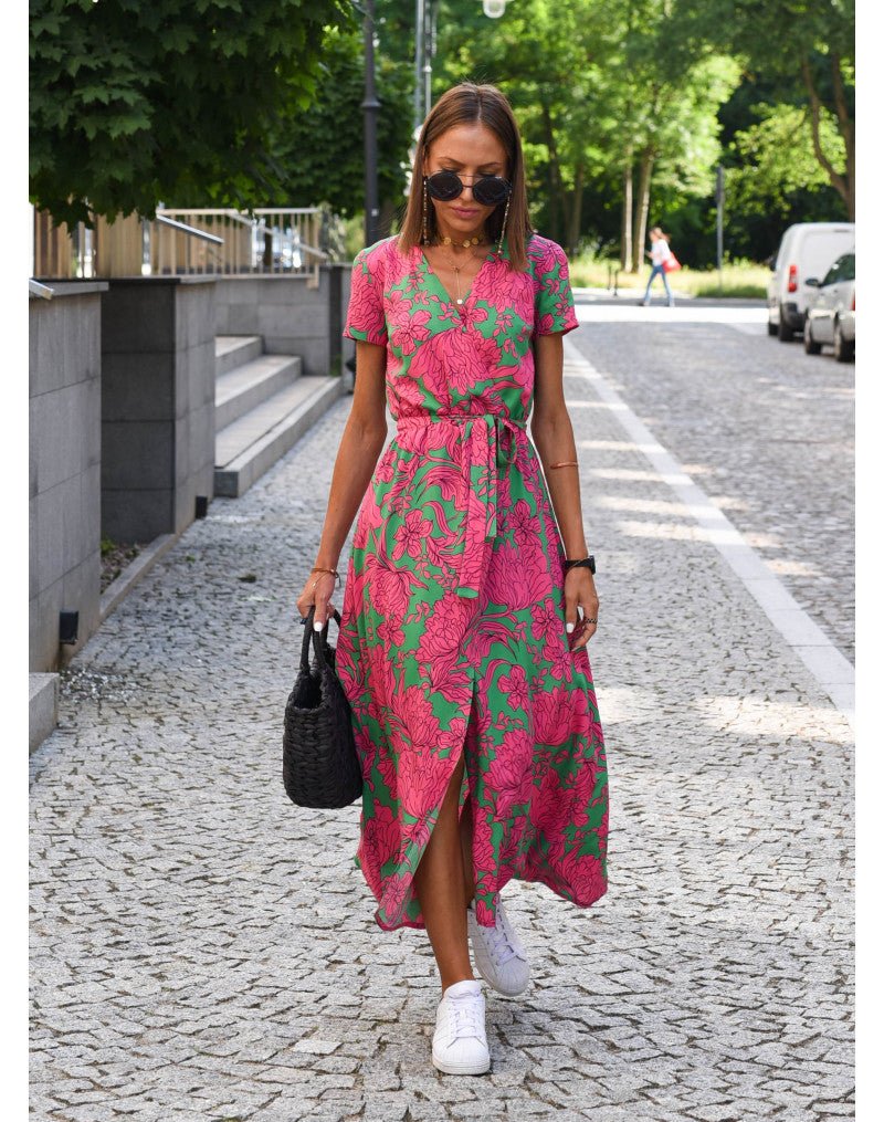 Women Midi Dress V-neck Short Sleeve  Floral Printing Split