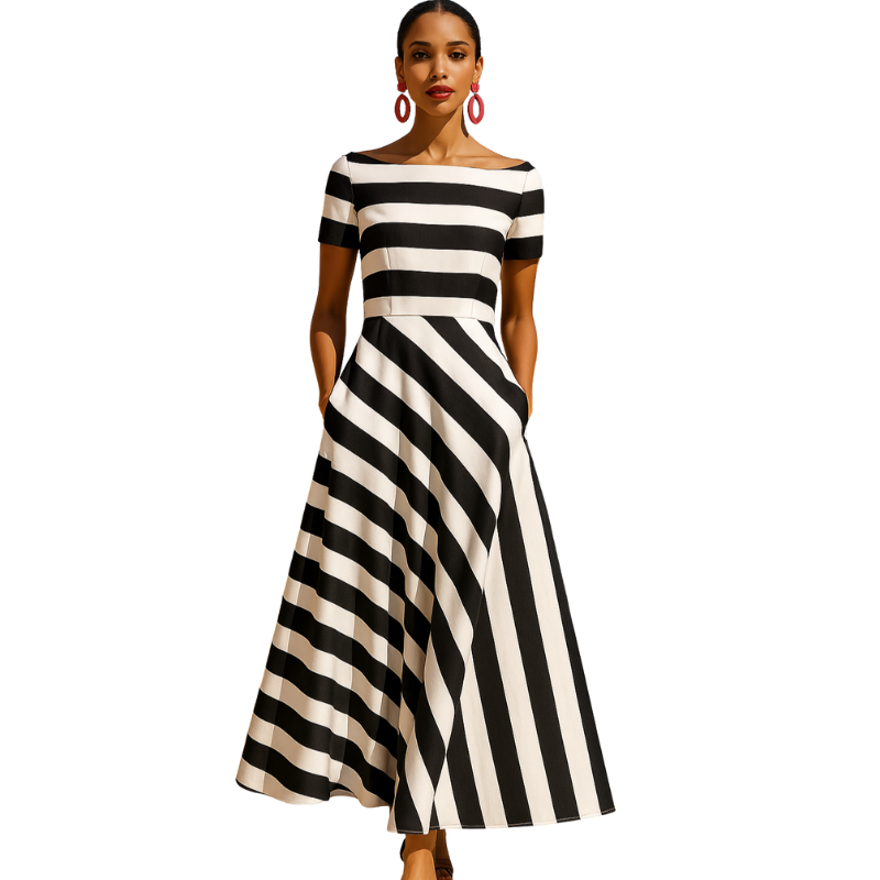 Women’s Midi Dress with Boat Neck and Short Sleeves for Daily Use