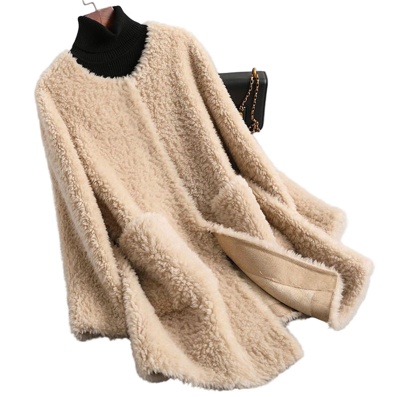 Women's Rounded Neck Teddy Shearling Coat with Pockets